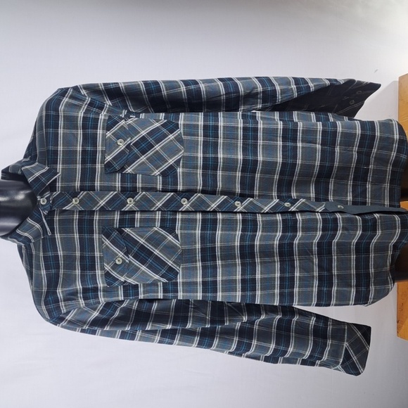 Nike SB Skateboarding gray & black w blue 2XL plaid flannel button-up shirt - Picture 2 of 6